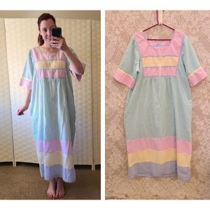 Vintage 80s Leisure Life Pastel Striped Nightgown Pockets Muumuu Sleepwear Dress